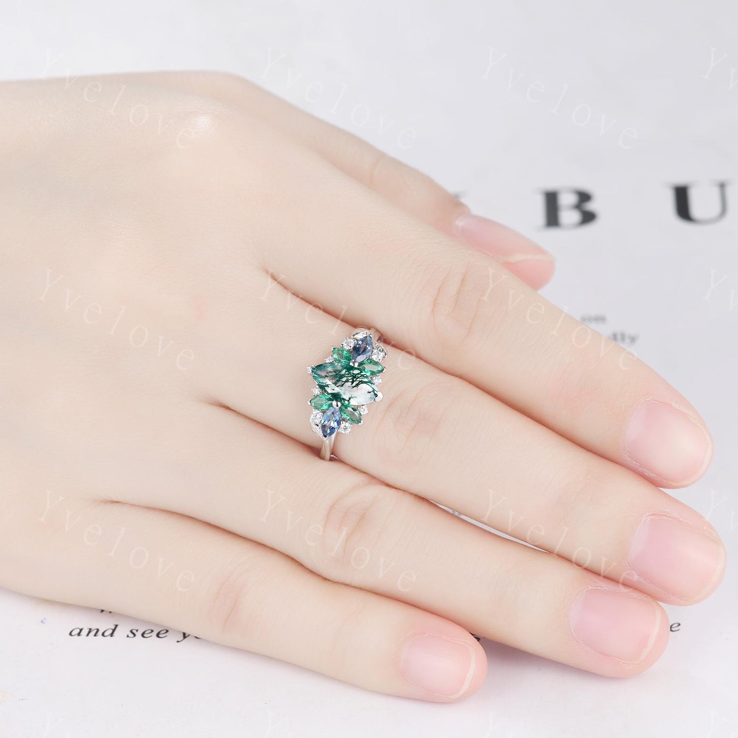 Vintage Marquise Moss Agate engagement ring,Unique Green Emerald Ring,Marquise Topaz Leaves Cluster Ring,Women Bridal Promise Wedding Band