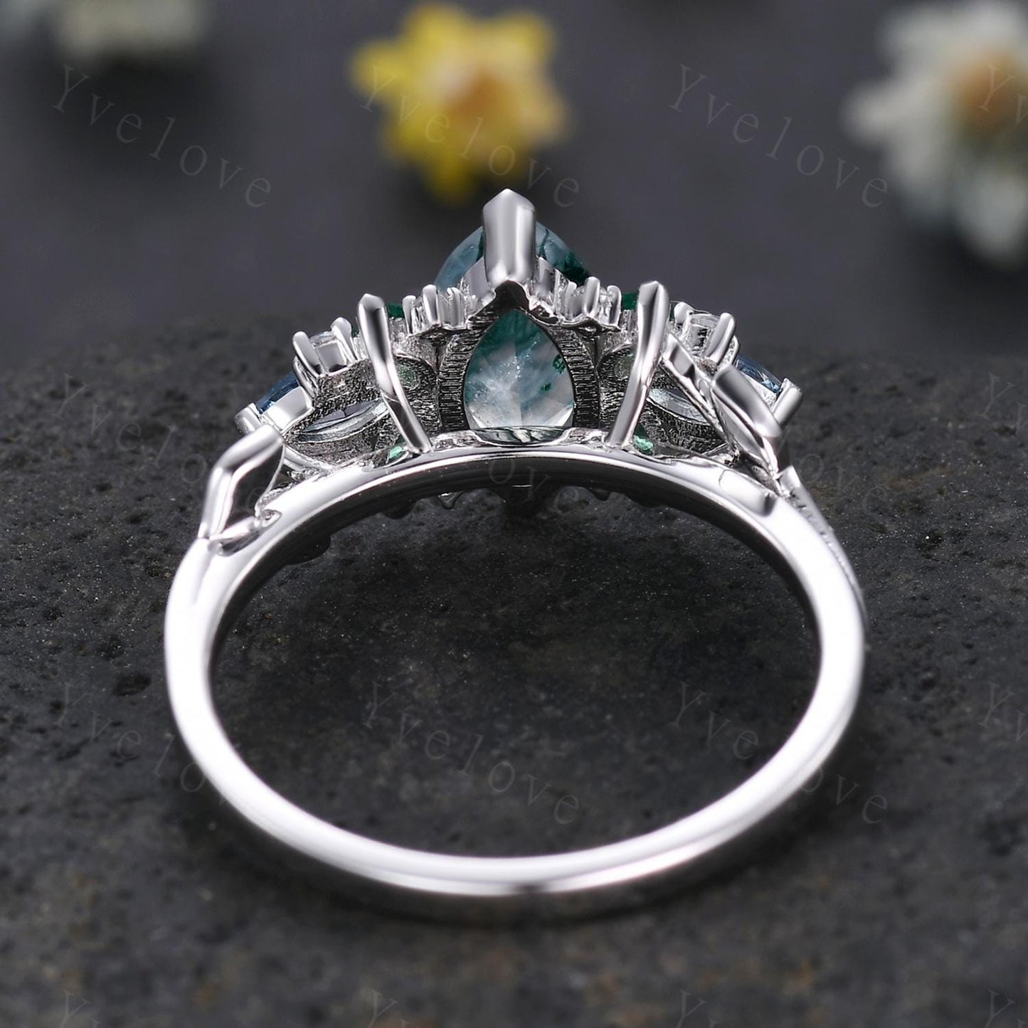Vintage Marquise Moss Agate engagement ring,Unique Green Emerald Ring,Marquise Topaz Leaves Cluster Ring,Women Bridal Promise Wedding Band