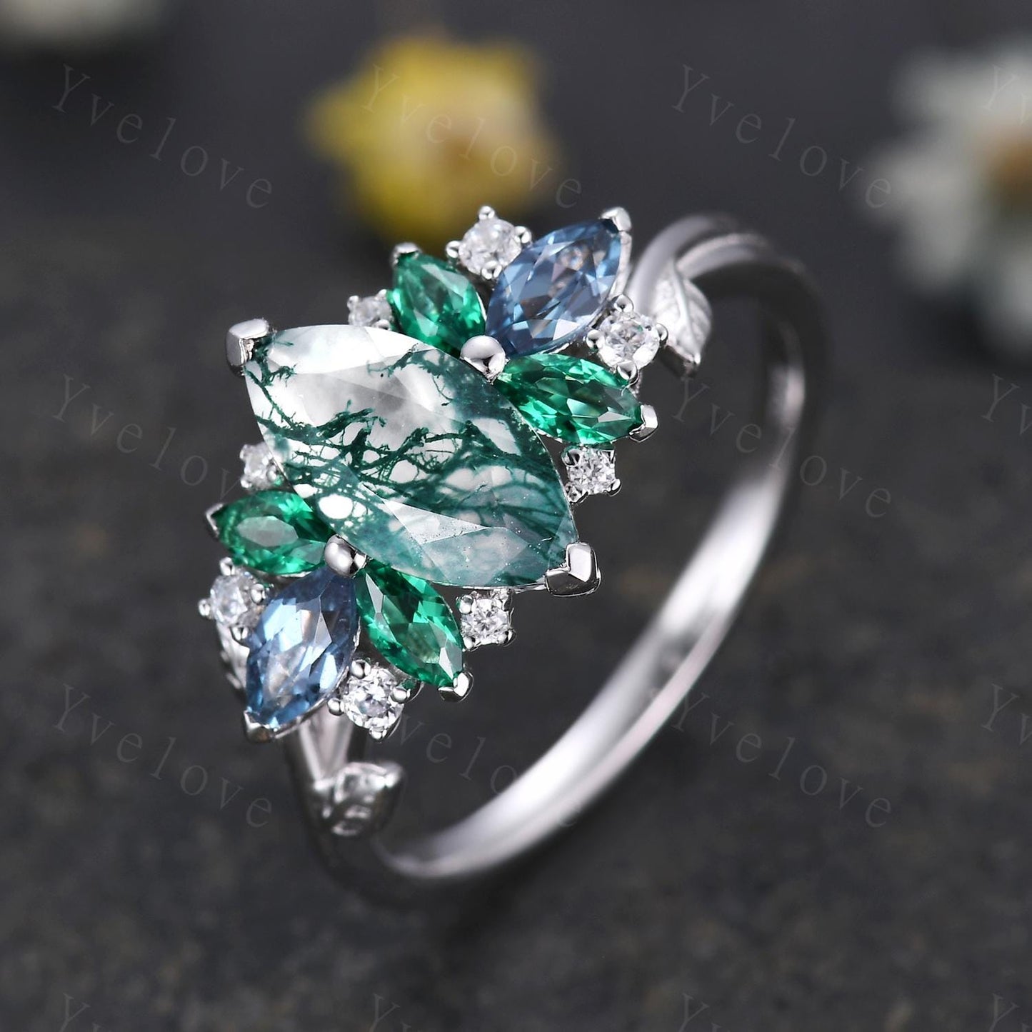 Vintage Marquise Moss Agate engagement ring,Unique Green Emerald Ring,Marquise Topaz Leaves Cluster Ring,Women Bridal Promise Wedding Band