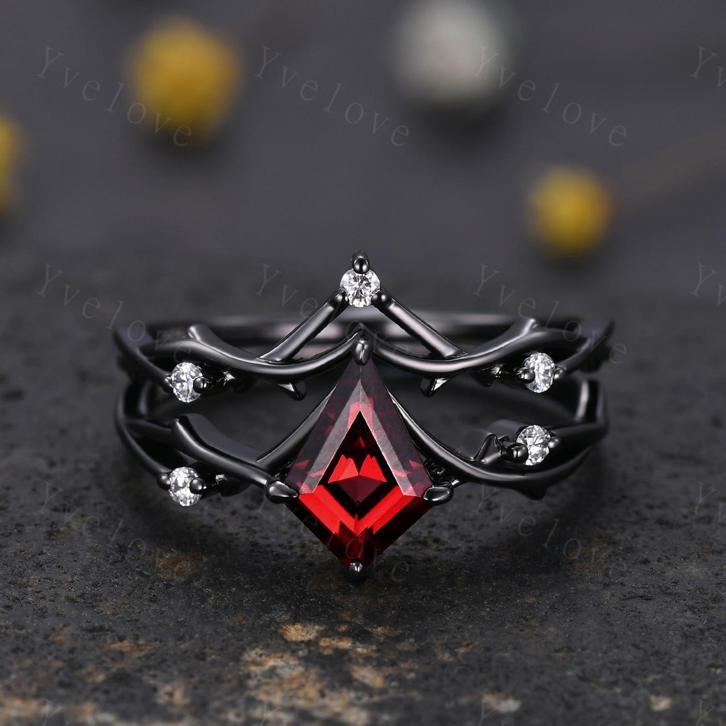 Vintage Kite Cut Red Garnet Engagement Ring Set,Black Gold Twig Vines Diamond Bridal Set,Branch Ring,Dainty Twig Diamond Ring Promise Gift
