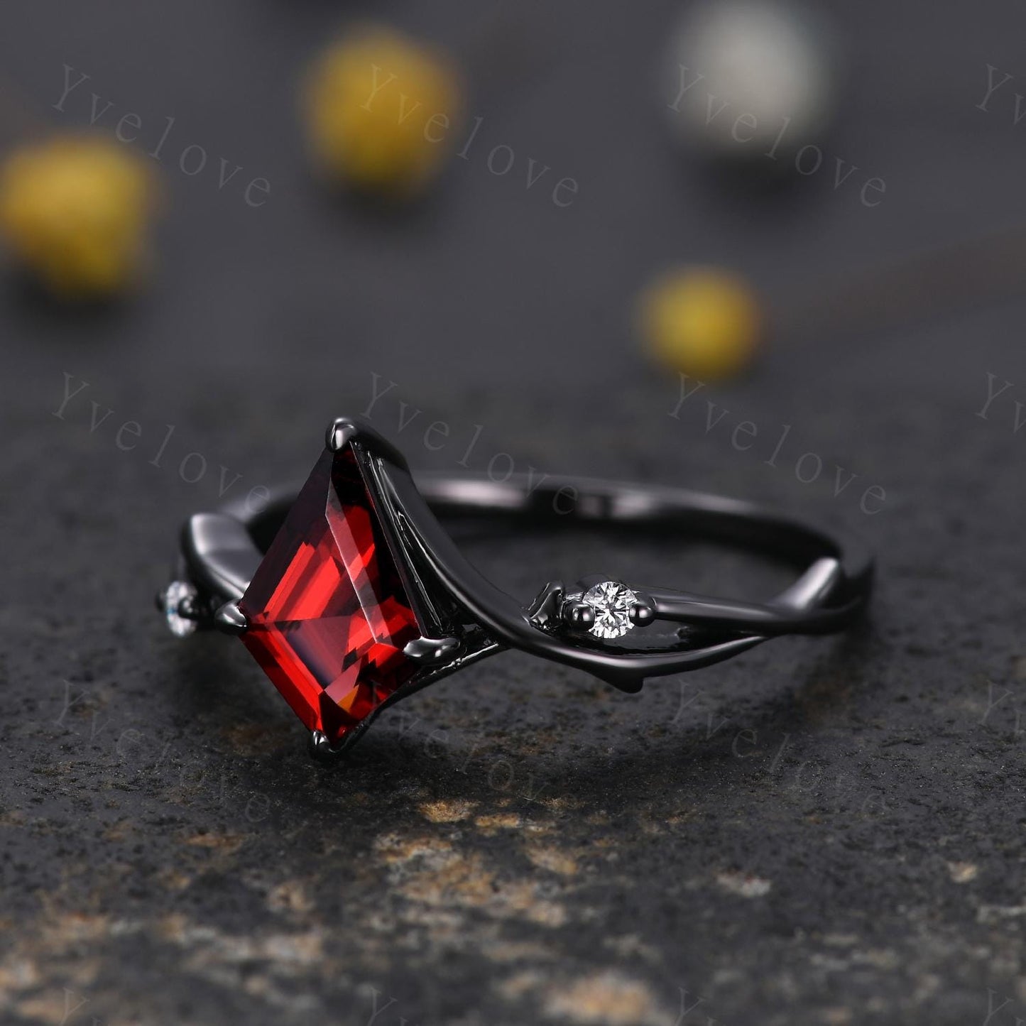 Vintage Kite Cut Red Garnet Engagement Ring,Black Gold Twig Vines Diamond Bridal Ring,Branch Ring,Dainty Twig Diamond Ring Promise Gift