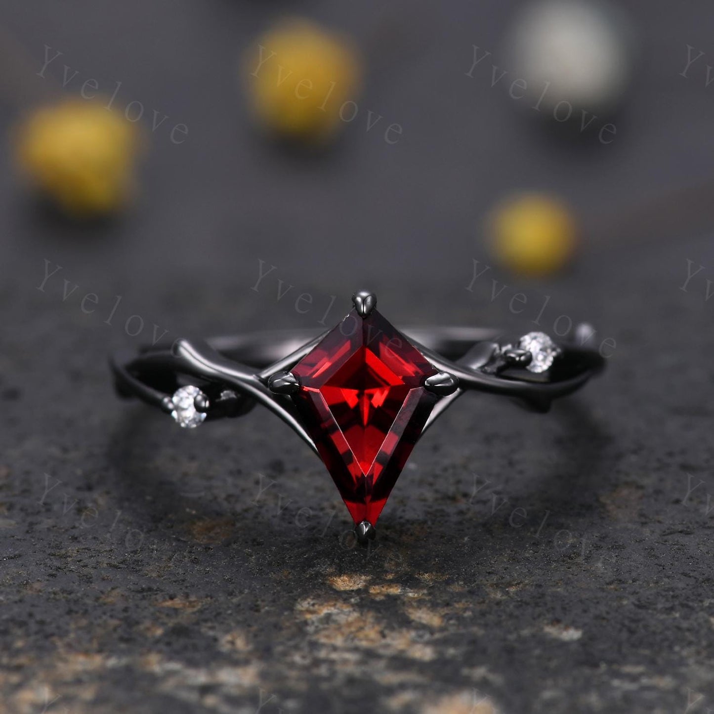 Vintage Kite Cut Red Garnet Engagement Ring,Black Gold Twig Vines Diamond Bridal Ring,Branch Ring,Dainty Twig Diamond Ring Promise Gift