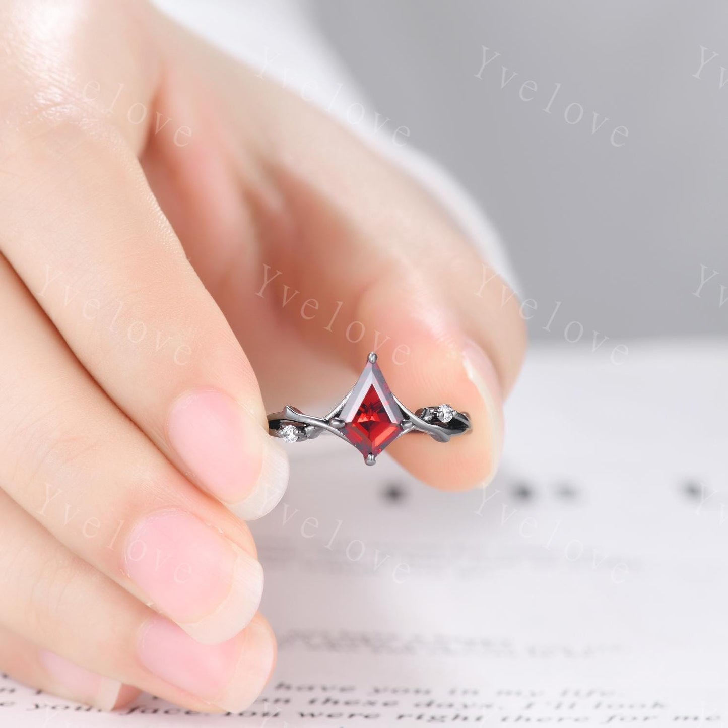 Vintage Kite Cut Red Garnet Engagement Ring,Black Gold Twig Vines Diamond Bridal Ring,Branch Ring,Dainty Twig Diamond Ring Promise Gift