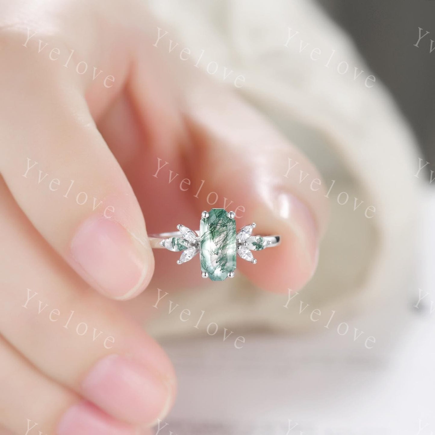 Vintage Emerald cut Moss Agate Engagement Ring Set,Unique Bridal Set Marquise Moissanite Emerald Wedding Band Promise Ring Gift 925 Silver