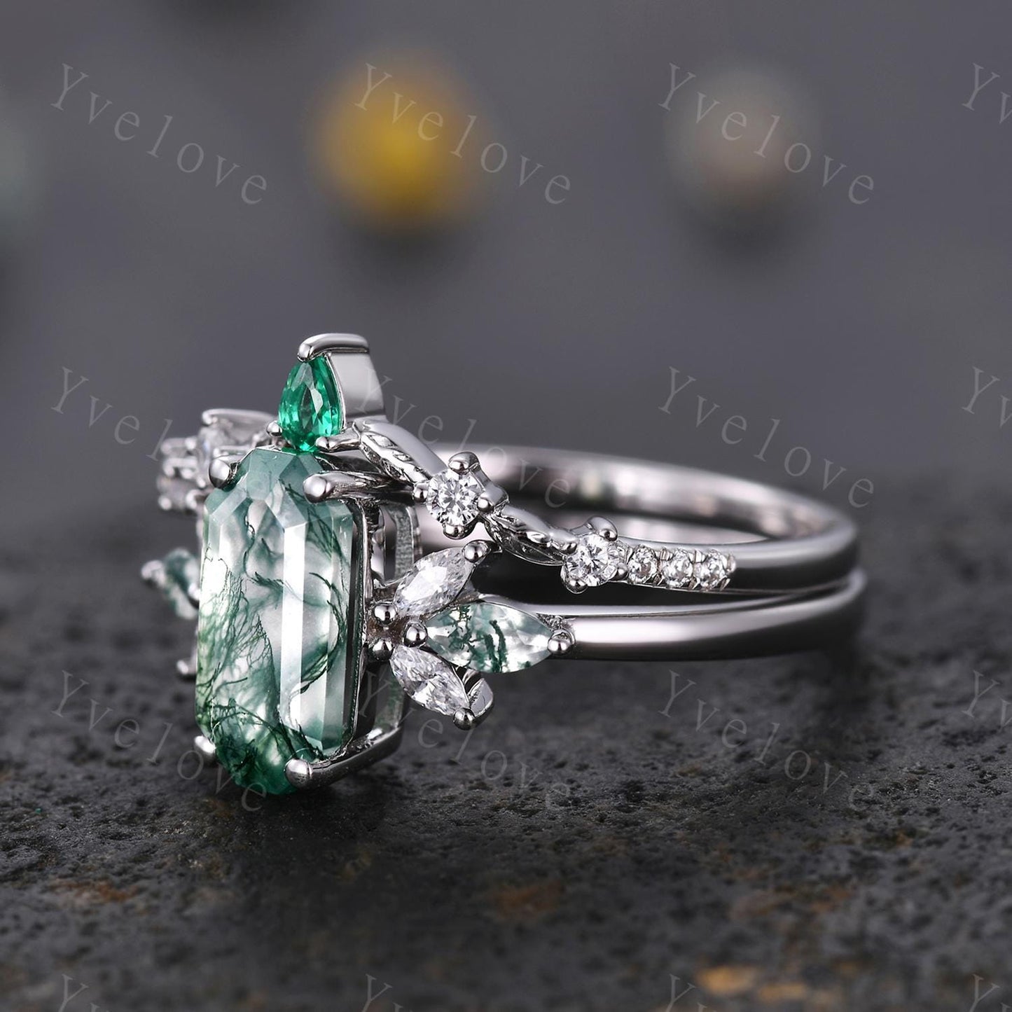 Vintage Emerald cut Moss Agate Engagement Ring,Unique Bridal Ring Marquise Moissanite Emerald Wedding Band Promise Ring Gift 925 Silver