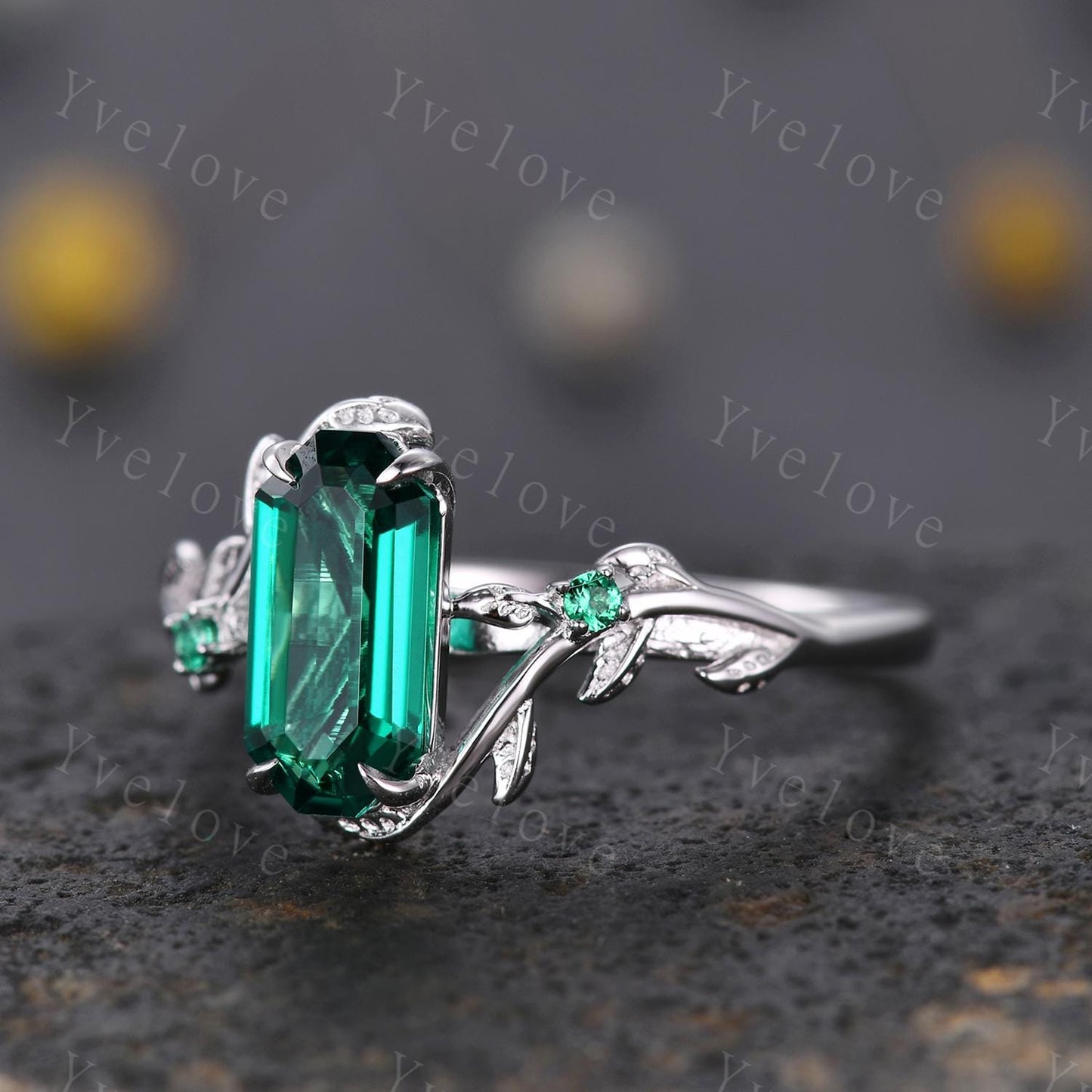 Art deco Emerald Twig Engagement Ring,leaves emerald ring,14k white gold,Curved emerald stacking wedding band,Unique Bridal Promise Gift