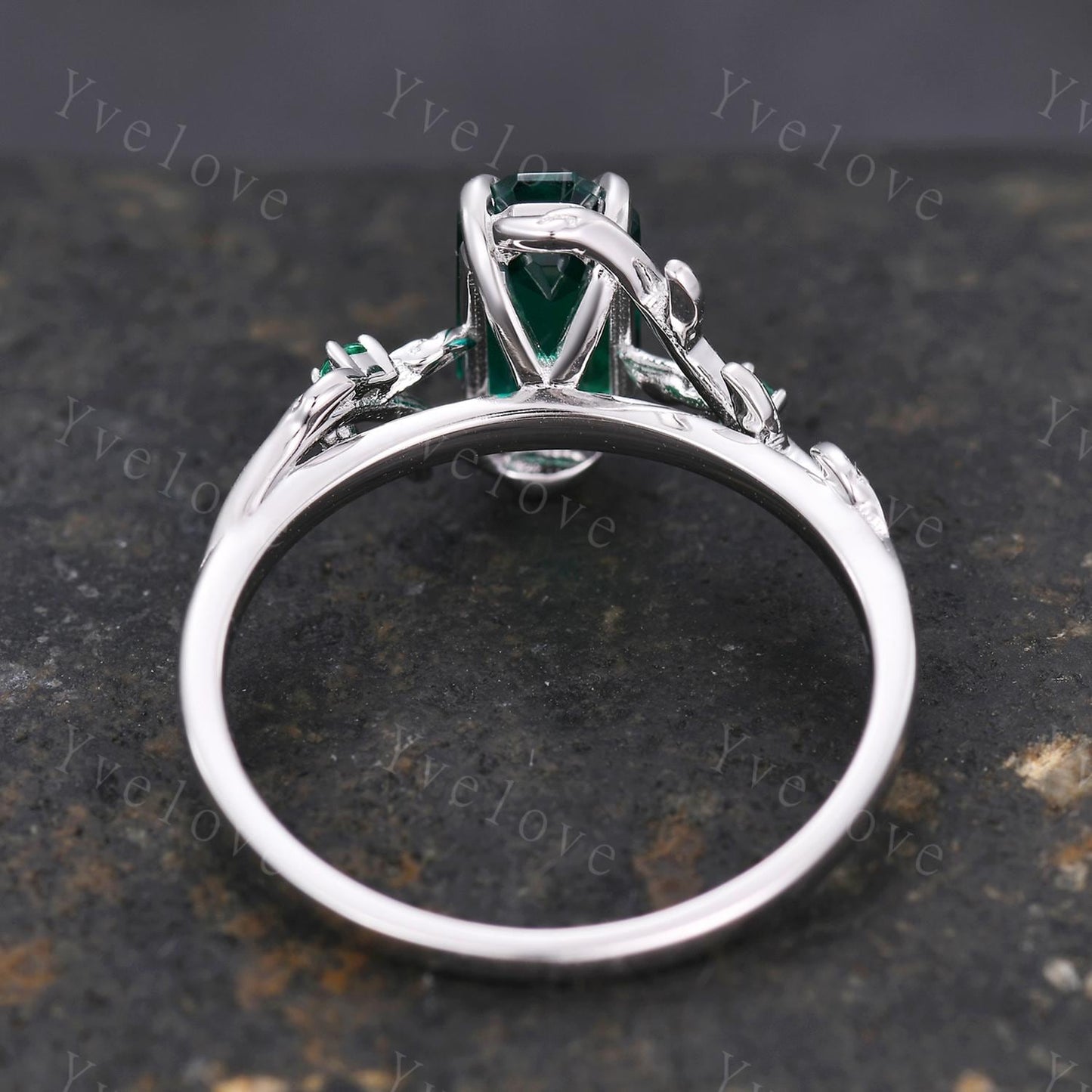 Art deco Emerald Twig Engagement Ring,leaves emerald ring,14k white gold,Curved emerald stacking wedding band,Unique Bridal Promise Gift