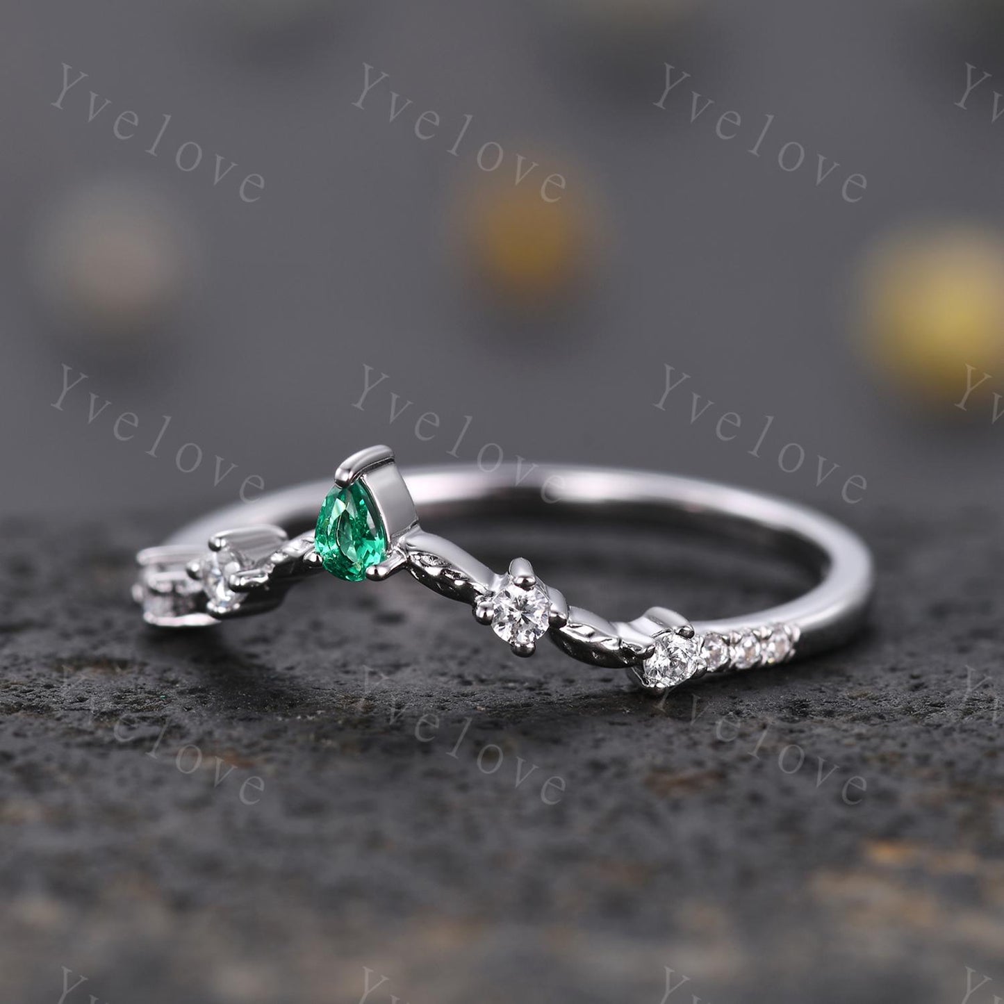 Minimalist Pear Emerald Engagement Ring,Diamond Leaves Matching Band,Women Vine Band,Art Deco V Curved Wedding Band,White Gold Ring Gift