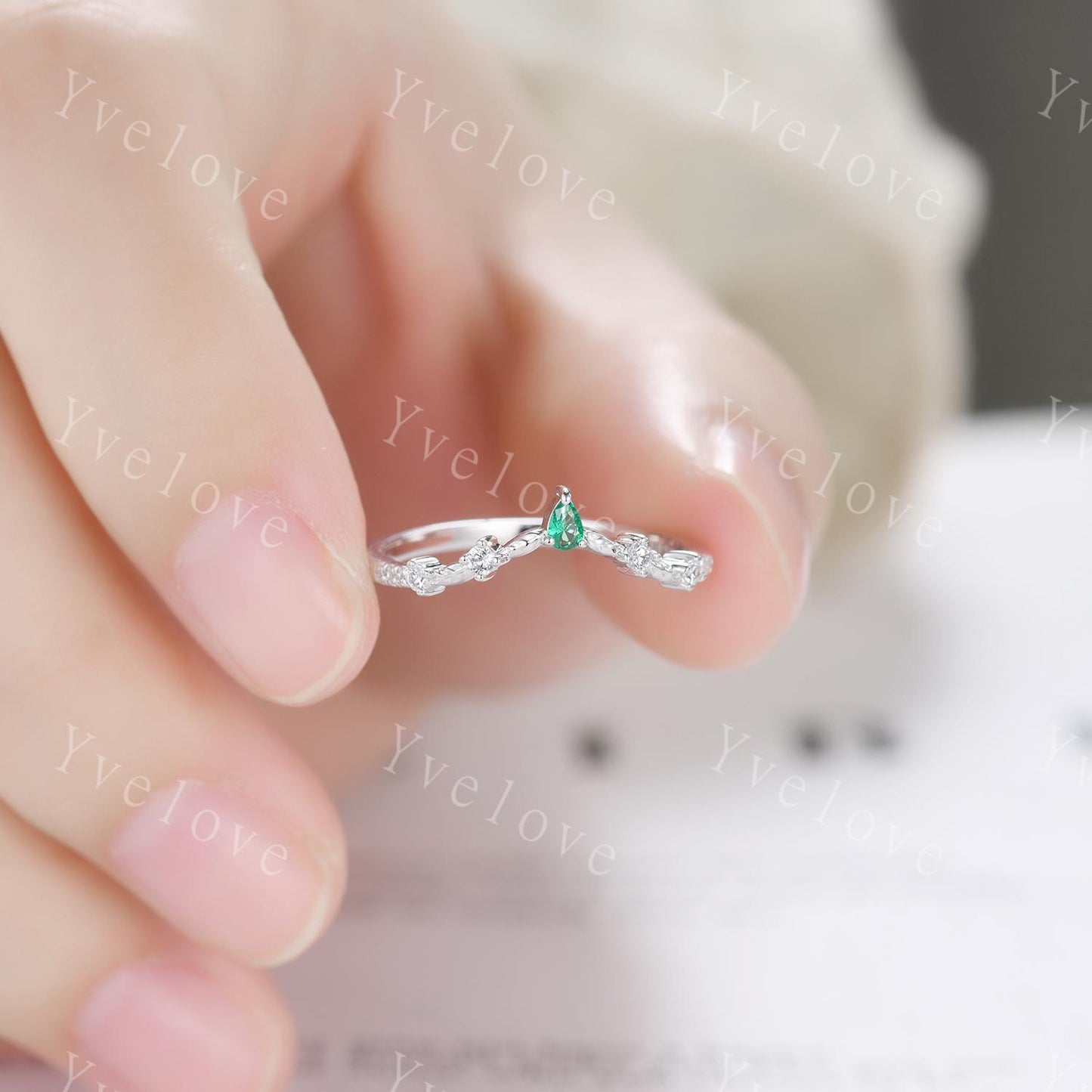 Minimalist Pear Emerald Engagement Ring,Diamond Leaves Matching Band,Women Vine Band,Art Deco V Curved Wedding Band,White Gold Ring Gift