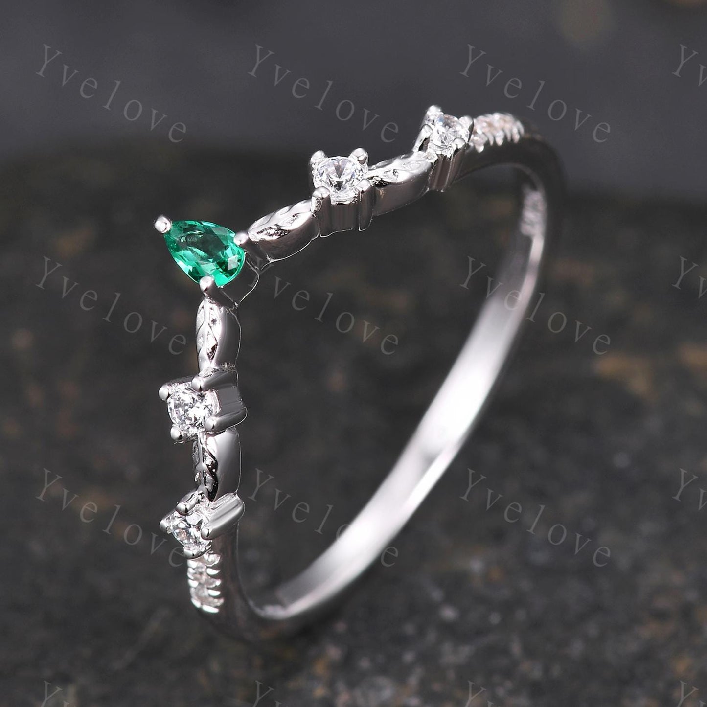 Minimalist Pear Emerald Engagement Ring,Diamond Leaves Matching Band,Women Vine Band,Art Deco V Curved Wedding Band,White Gold Ring Gift