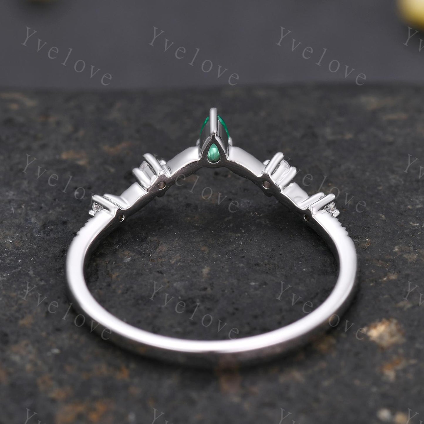 Minimalist Pear Emerald Engagement Ring,Diamond Leaves Matching Band,Women Vine Band,Art Deco V Curved Wedding Band,White Gold Ring Gift
