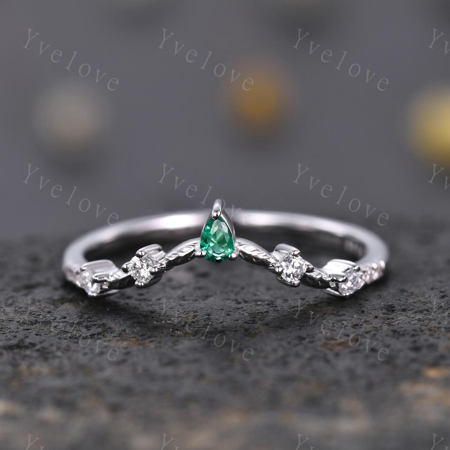 Minimalist Pear Emerald Engagement Ring,Diamond Leaves Matching Band,Women Vine Band,Art Deco V Curved Wedding Band,White Gold Ring Gift