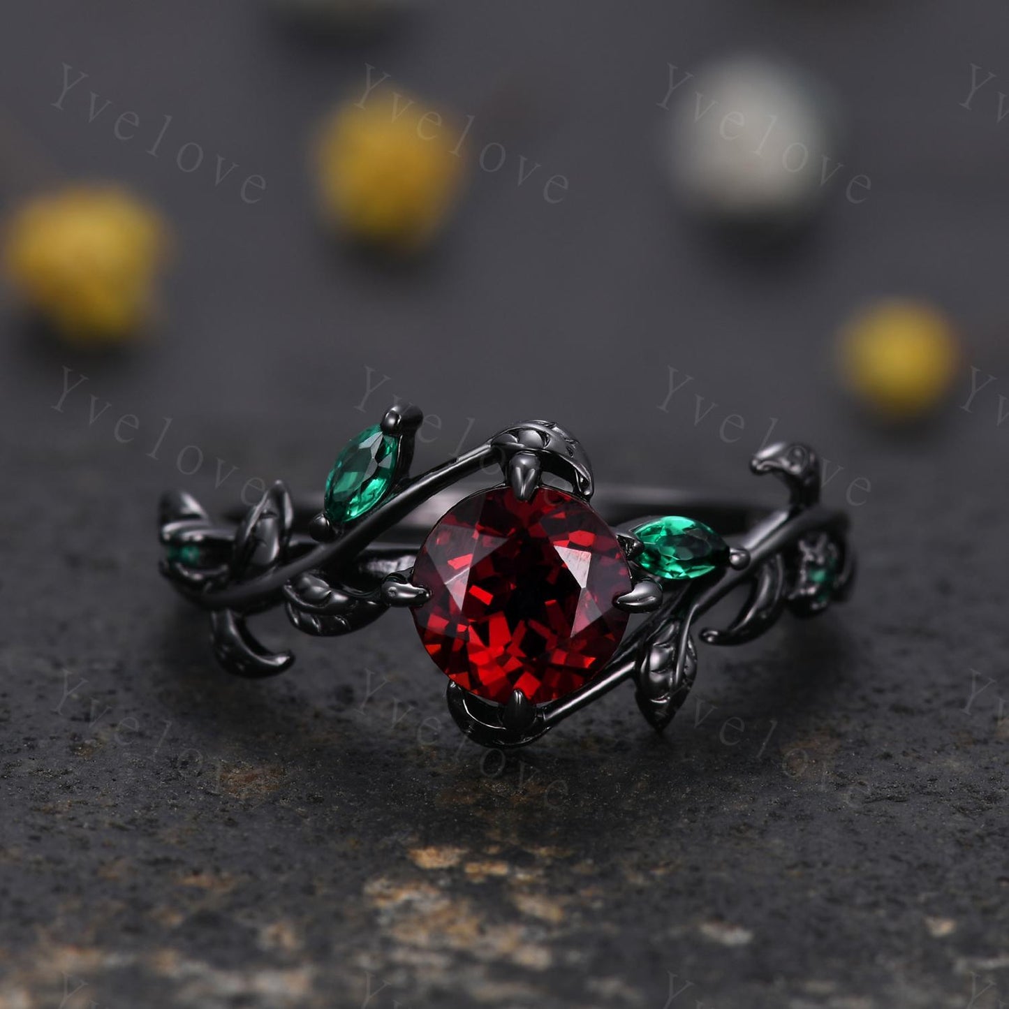 Vintage Round Red Garnet Engagement Ring,Silver Black Gold,Cluster Leaf Vine Emerald Wedding Ring,Women Bridal Ring,Art Deco Promise Gift