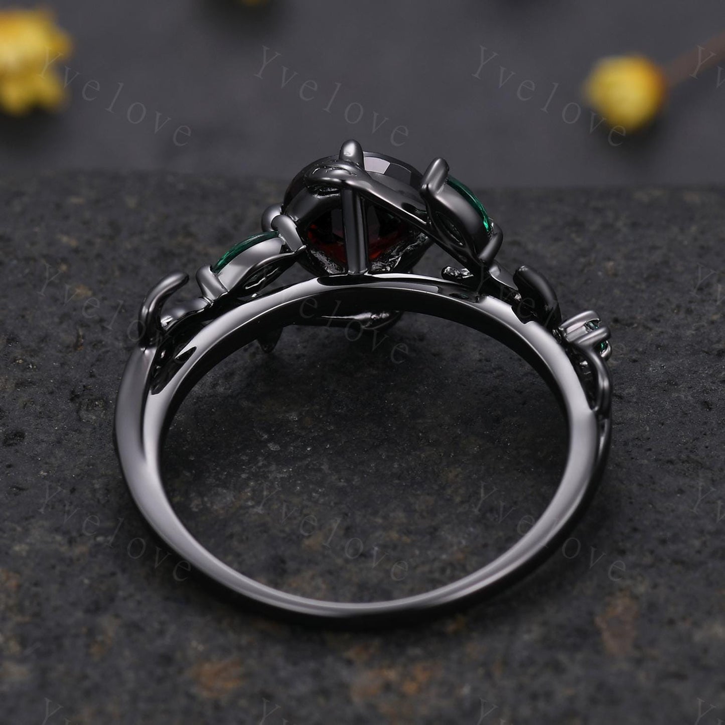 Vintage Round Red Garnet Engagement Ring,Silver Black Gold,Cluster Leaf Vine Emerald Wedding Ring,Women Bridal Ring,Art Deco Promise Gift