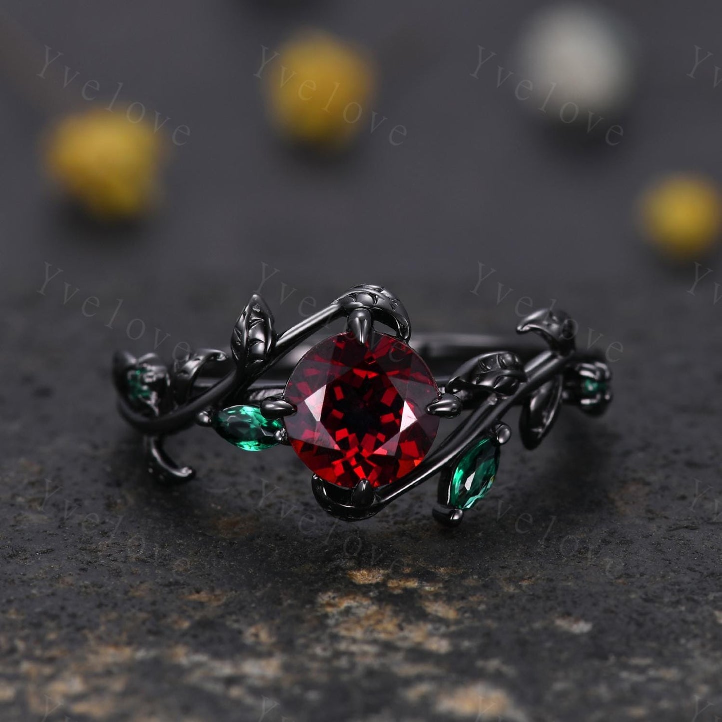 Vintage Round Red Garnet Engagement Ring,Silver Black Gold,Cluster Leaf Vine Emerald Wedding Ring,Women Bridal Ring,Art Deco Promise Gift