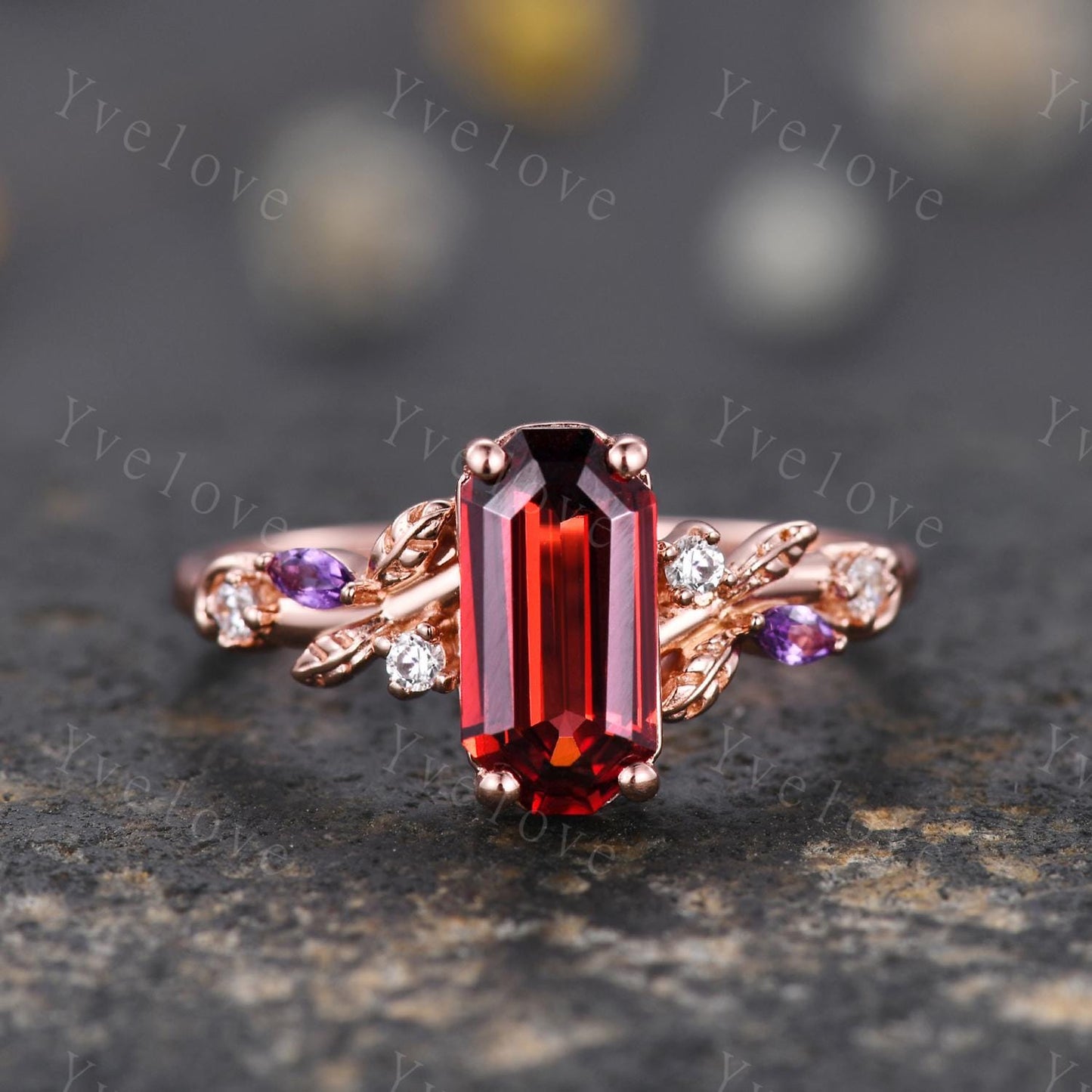 Emerald red garnet engagement ring set,Art deco leaves amethyst ring,rose gold,diamond stacking wedding band,Unique Bridal Promise Gift