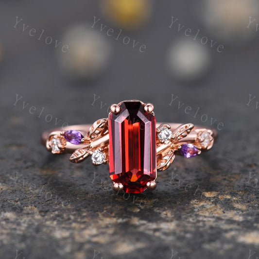 Emerald cut red garnet engagement ring,Art deco leaves amethyst ring,14k rose gold,diamond stacking wedding band,Unique Bridal Promise Gift