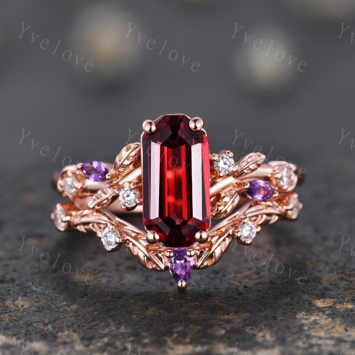 Emerald red garnet engagement ring set,Art deco leaves amethyst ring,rose gold,diamond stacking wedding band,Unique Bridal Promise Gift
