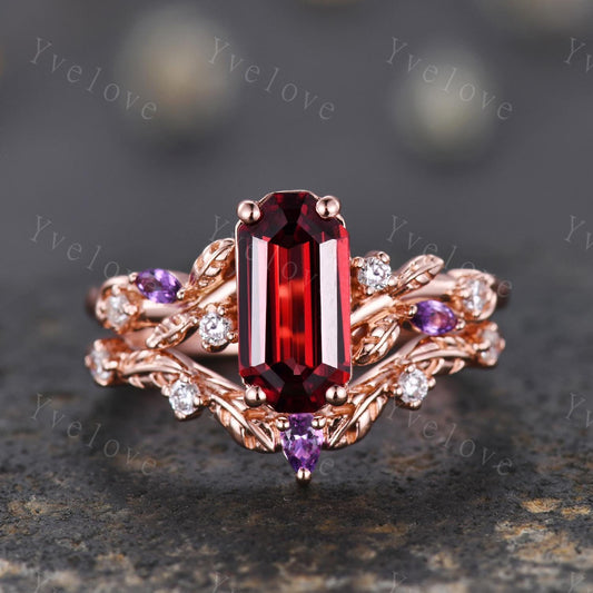 Emerald red garnet engagement ring set,Art deco leaves amethyst ring,rose gold,diamond stacking wedding band,Unique Bridal Promise Gift