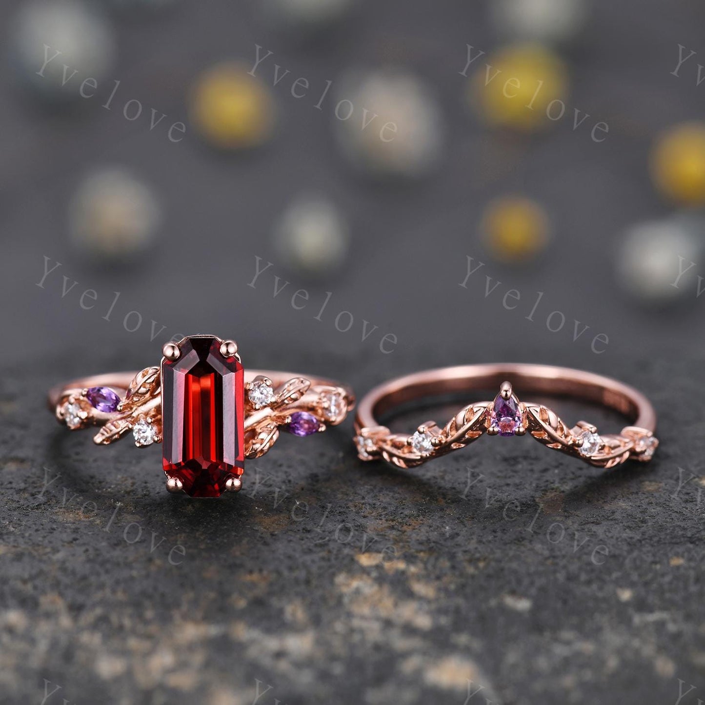 Emerald red garnet engagement ring set,Art deco leaves amethyst ring,rose gold,diamond stacking wedding band,Unique Bridal Promise Gift