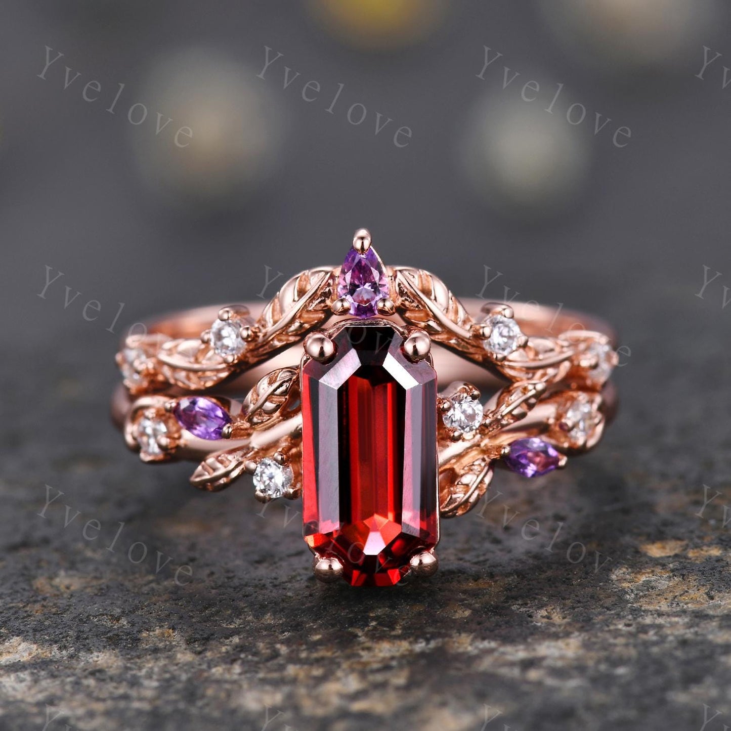 Emerald red garnet engagement ring set,Art deco leaves amethyst ring,rose gold,diamond stacking wedding band,Unique Bridal Promise Gift
