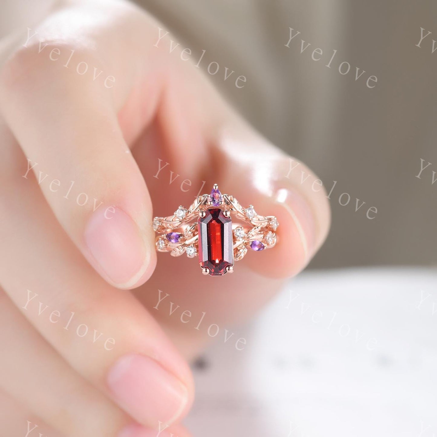 Emerald cut red garnet engagement ring,Art deco leaves amethyst ring,14k rose gold,diamond stacking wedding band,Unique Bridal Promise Gift