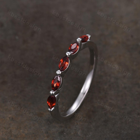 Marquise cut Garnet Wedding Band,White Gold Wedding Band,Unique Five Stone Ring,January Birthstone Jewelry,Gift For Mom,Personalized Ring