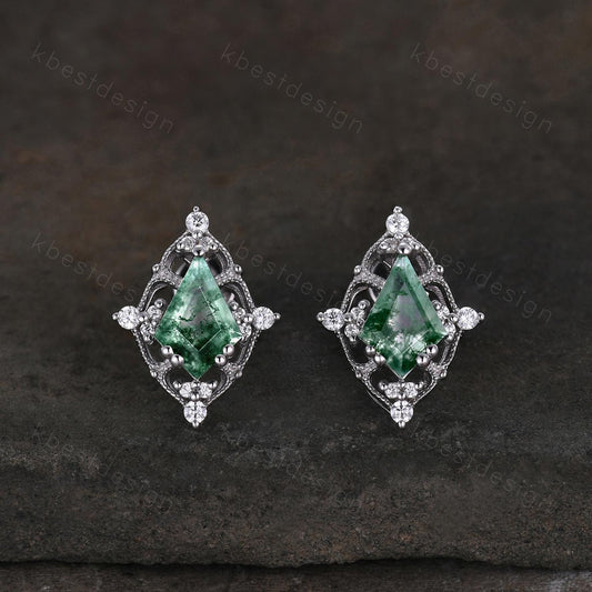Art deco moss agate earrings women sterling silver earring studs kite cut earrings vintage green agate studs anniversary gift for her