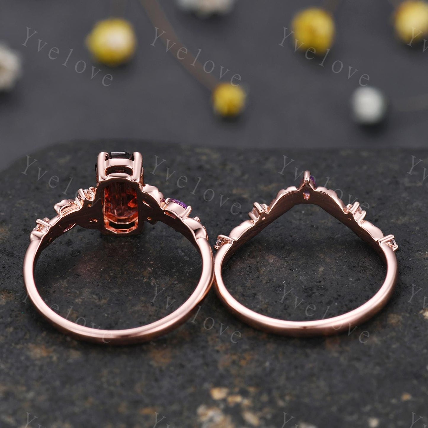 Emerald red garnet engagement ring set,Art deco leaves amethyst ring,rose gold,diamond stacking wedding band,Unique Bridal Promise Gift