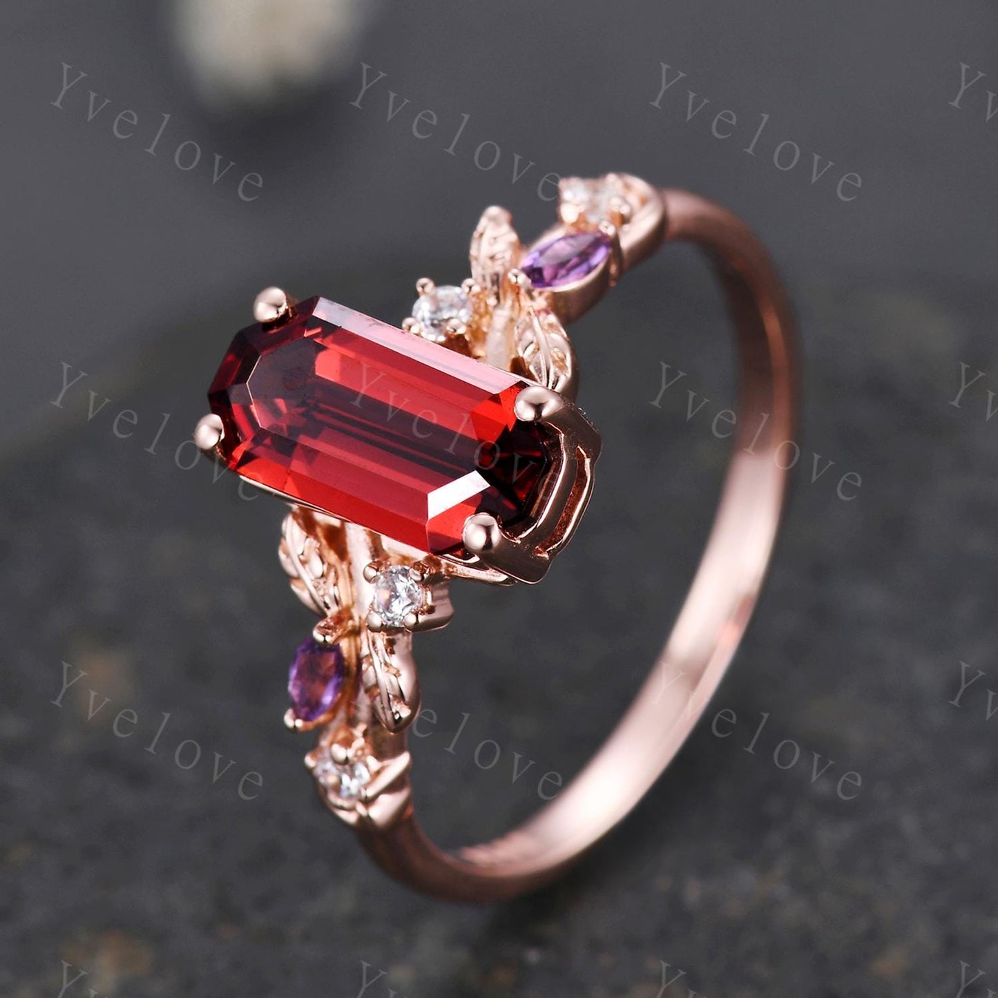 Emerald cut red garnet engagement ring,Art deco leaves amethyst ring,14k rose gold,diamond stacking wedding band,Unique Bridal Promise Gift