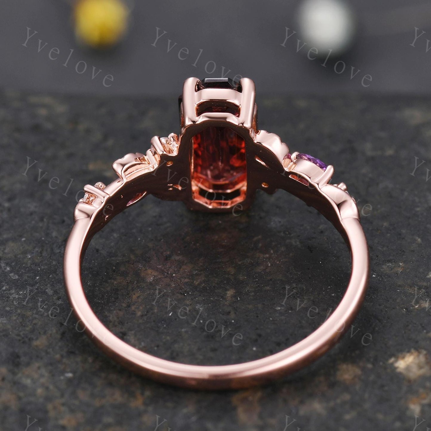 Emerald cut red garnet engagement ring,Art deco leaves amethyst ring,14k rose gold,diamond stacking wedding band,Unique Bridal Promise Gift