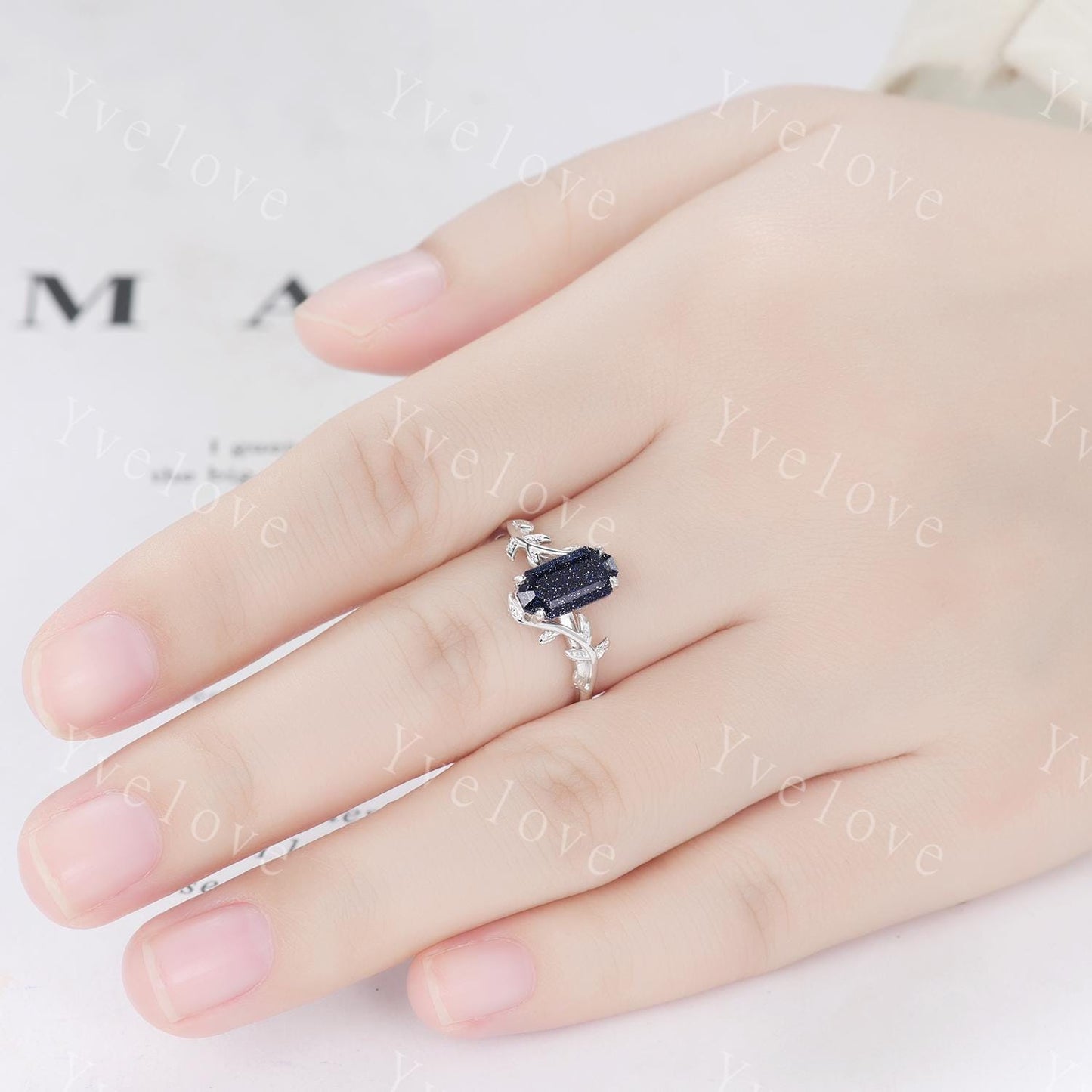 Art deco Blue Sandstone Twig Engagement Ring Set,leaves emerald ring,Silver,Curved emerald stacking wedding band,Unique Bridal Promise Gift