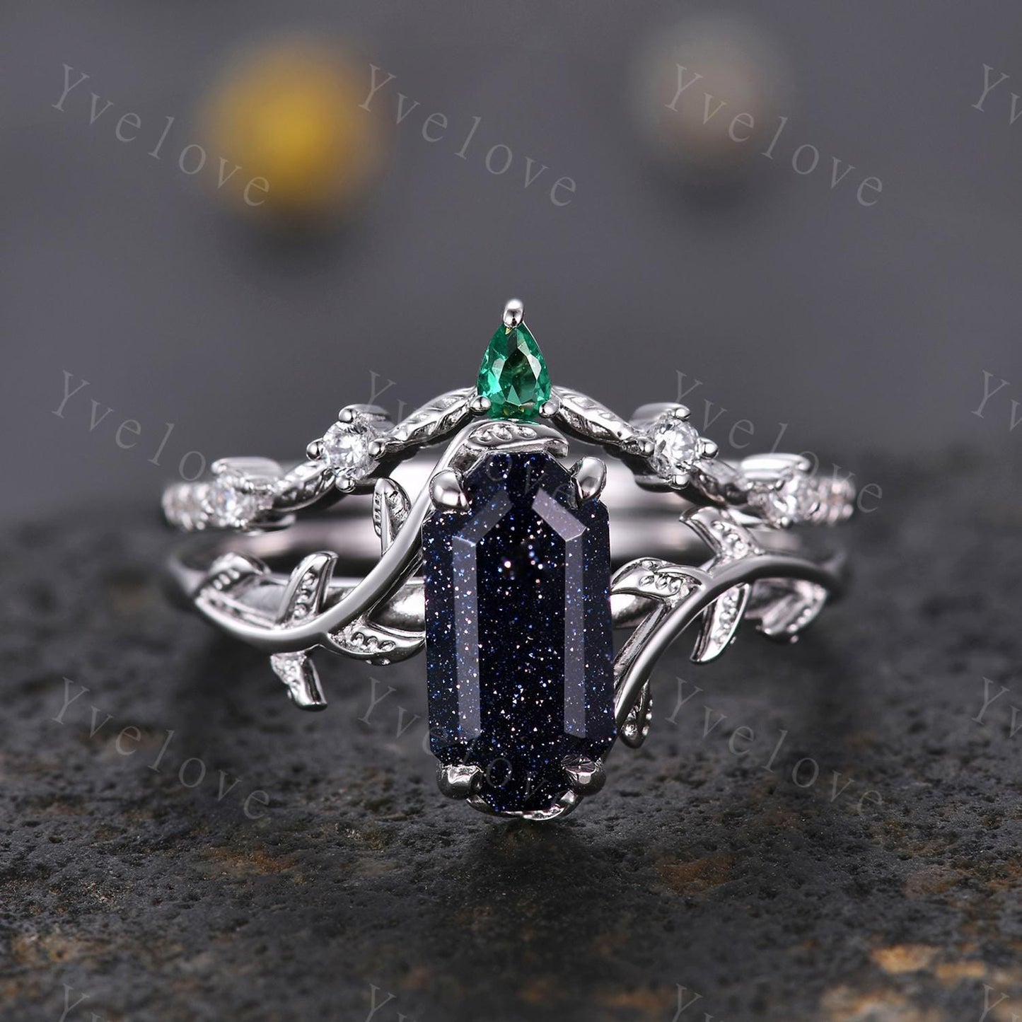 Art deco Blue Sandstone Twig Engagement Ring Set,leaves emerald ring,Silver,Curved emerald stacking wedding band,Unique Bridal Promise Gift
