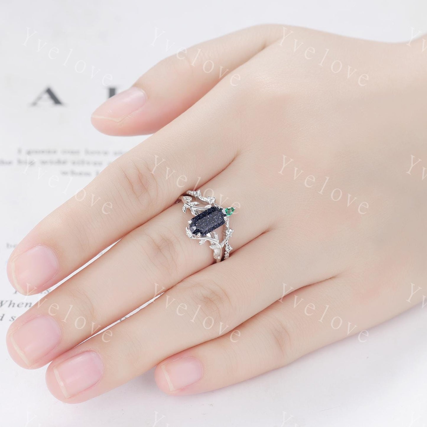 Art deco Blue Sandstone Twig Engagement Ring Set,leaves emerald ring,Silver,Curved emerald stacking wedding band,Unique Bridal Promise Gift