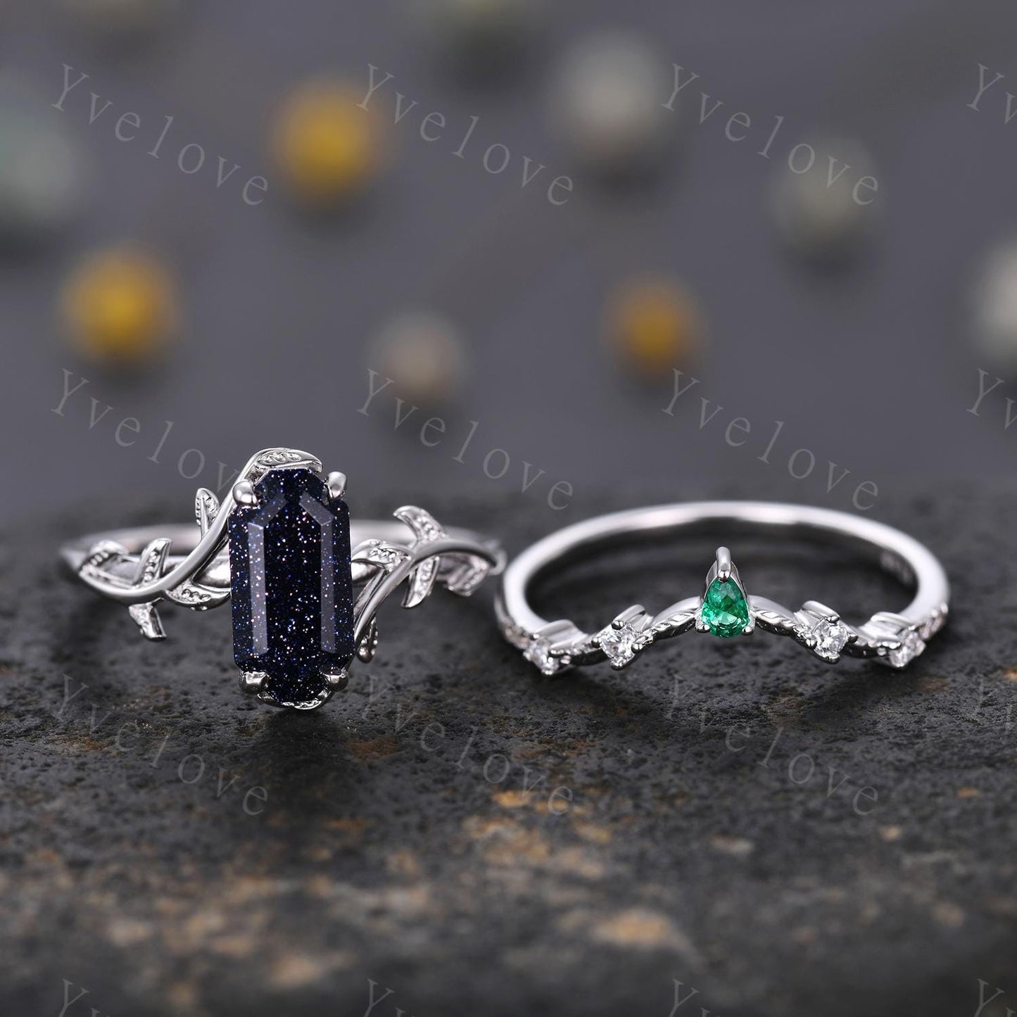 Art deco Blue Sandstone Twig Engagement Ring Set,leaves emerald ring,Silver,Curved emerald stacking wedding band,Unique Bridal Promise Gift