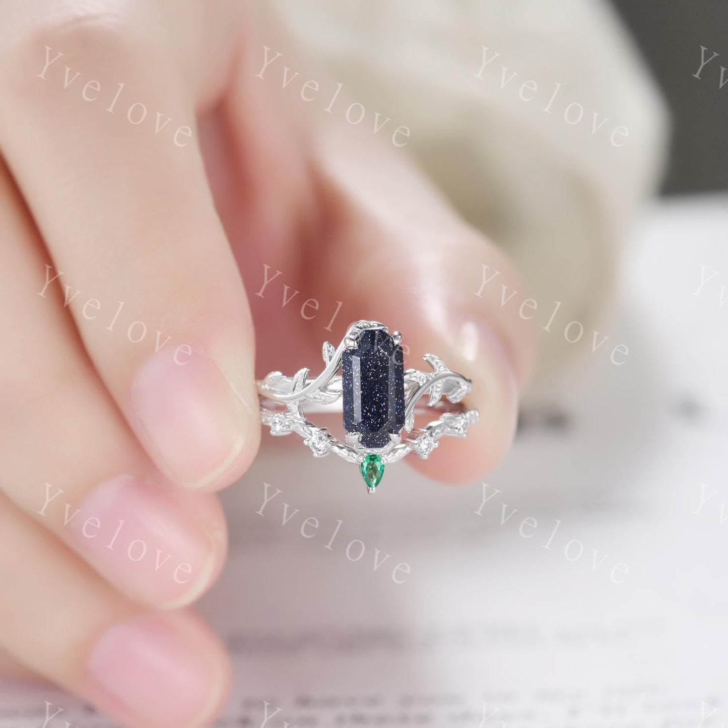 Art deco Blue Sandstone Twig Engagement Ring Set,leaves emerald ring,Silver,Curved emerald stacking wedding band,Unique Bridal Promise Gift