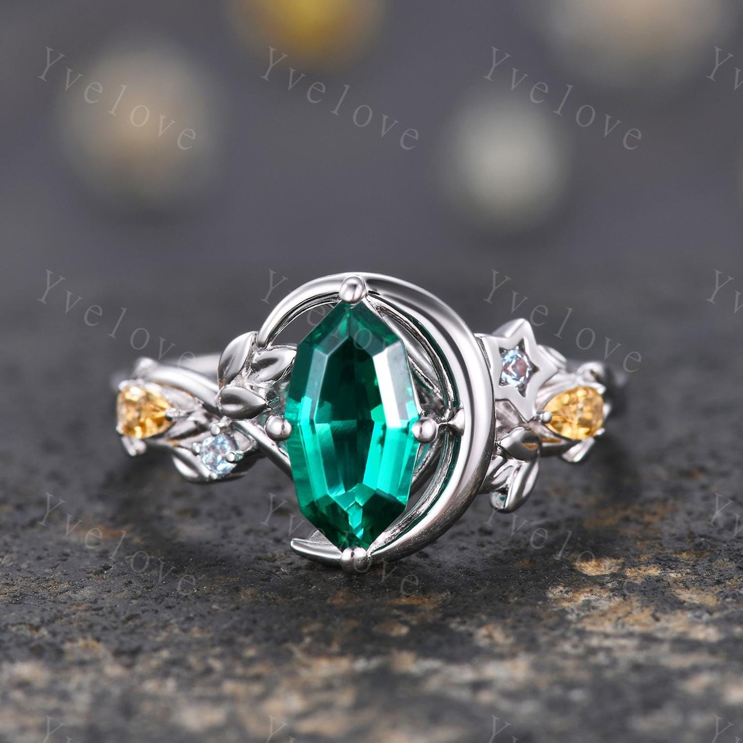 Marquise Cut Emerald Engagement Ring Celestial Moon Star Design Unique Birthstone Jewelry Gift for Her Artisan Crafted Cluster Stacking Ring
