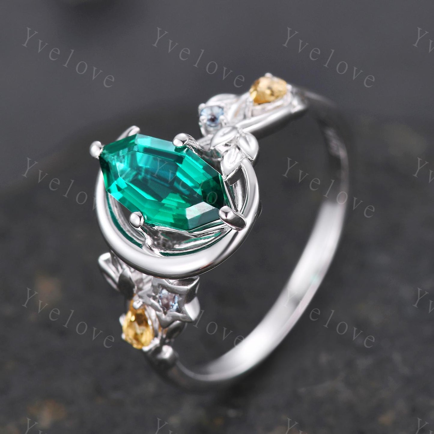 Marquise Cut Emerald Engagement Ring Celestial Moon Star Design Unique Birthstone Jewelry Gift for Her Artisan Crafted Cluster Stacking Ring