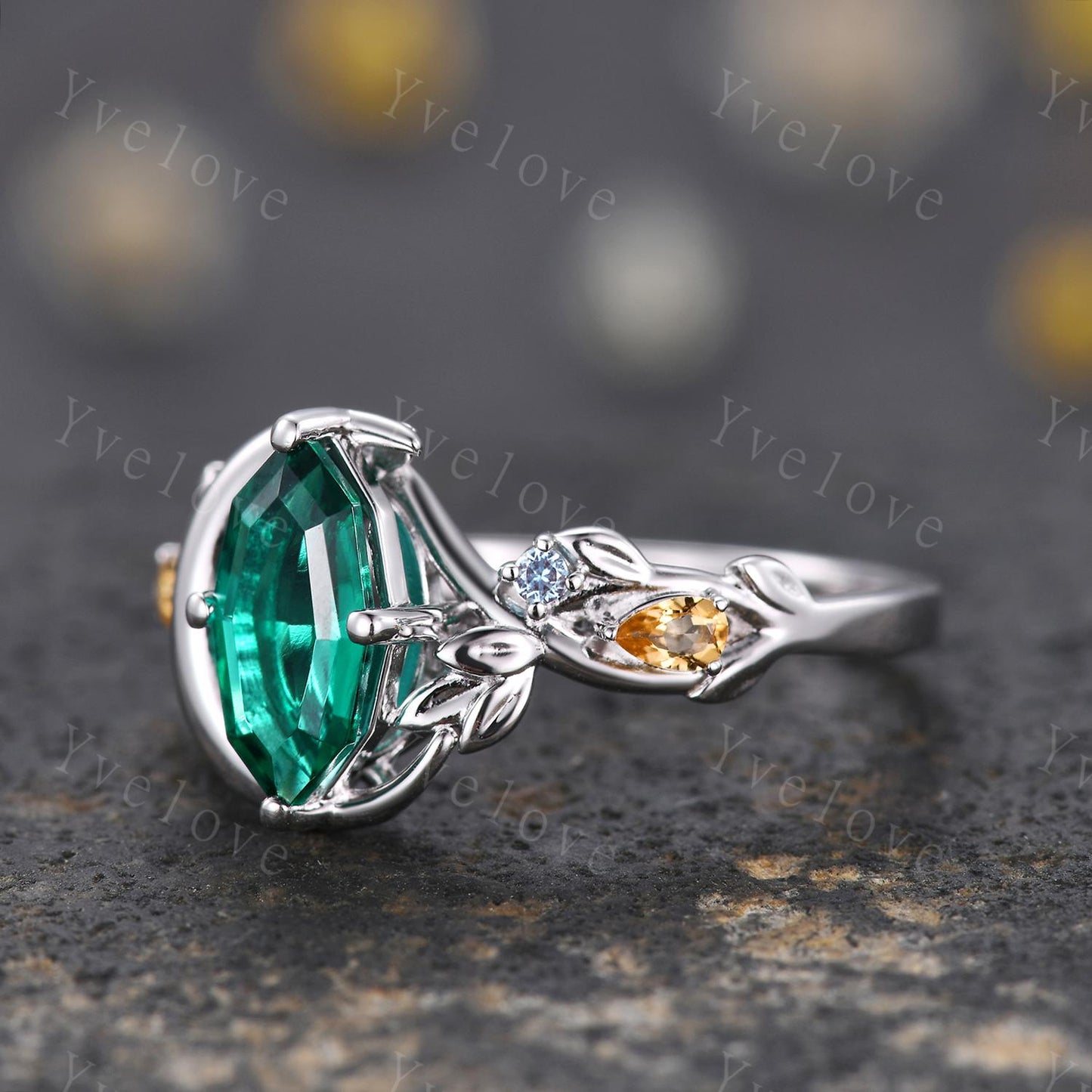 Marquise Cut Emerald Engagement Ring Celestial Moon Star Design Unique Birthstone Jewelry Gift for Her Artisan Crafted Cluster Stacking Ring