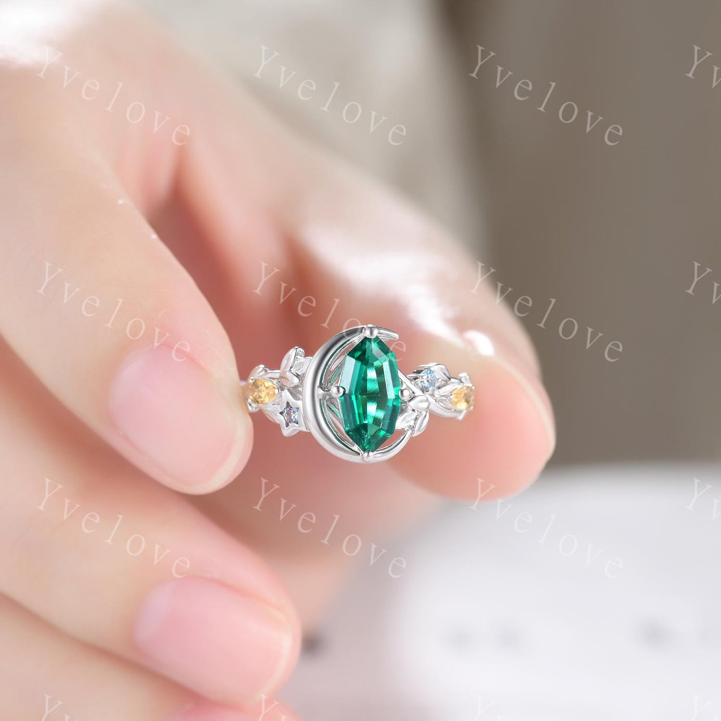 Marquise Cut Emerald Engagement Ring Celestial Moon Star Design Unique Birthstone Jewelry Gift for Her Artisan Crafted Cluster Stacking Ring