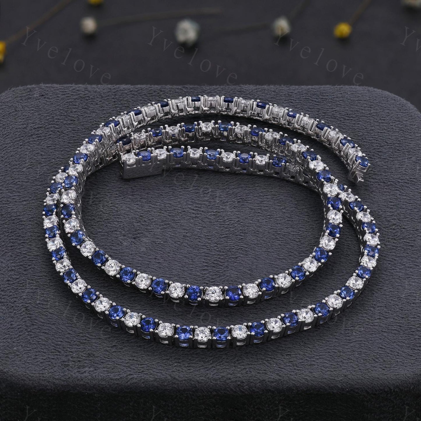 Blue Sapphire Moissanite Necklace,Chain Necklace,925 Silver,Tennis Necklace,Minimalist Necklace,Dainty Necklace,Anniversary Gift for Her
