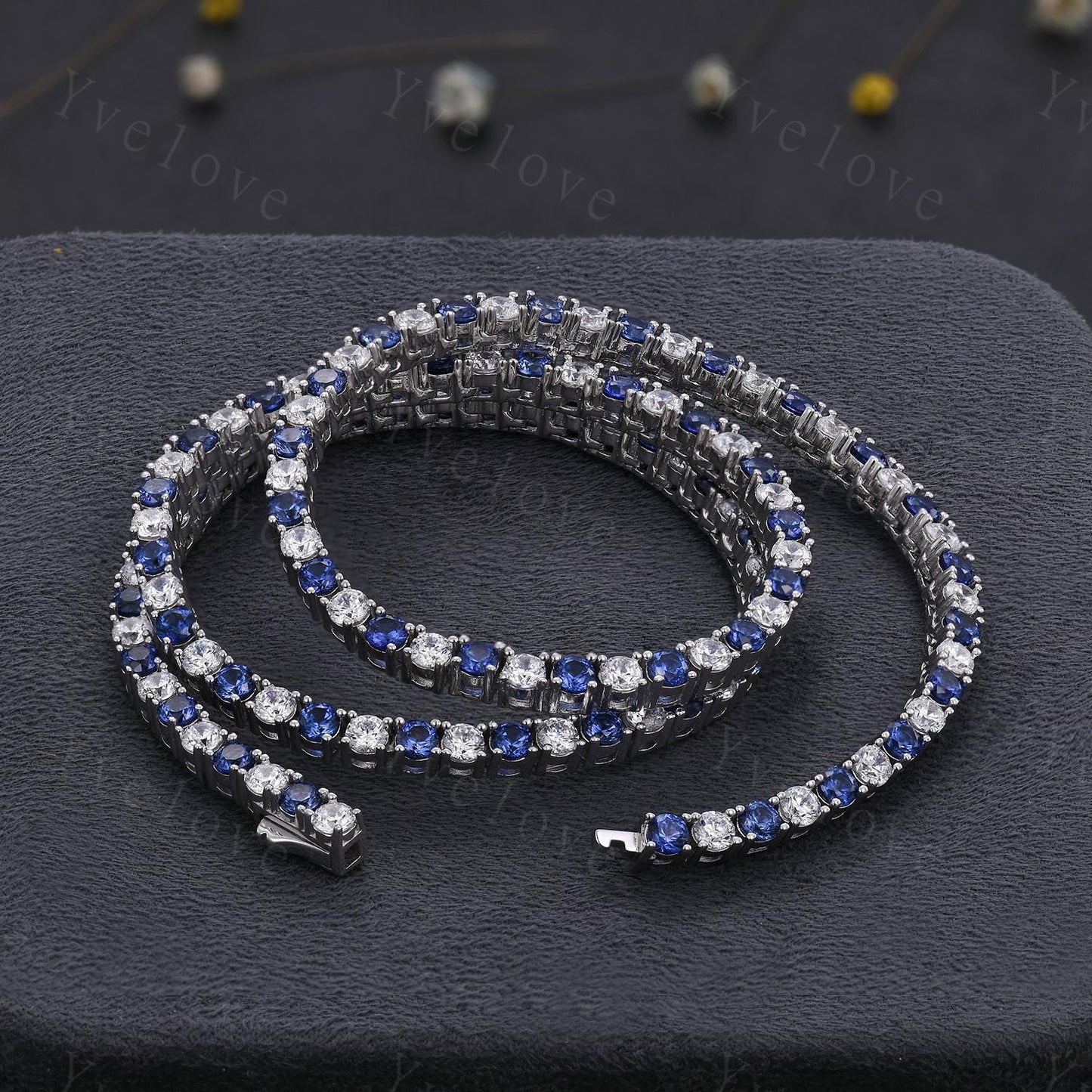 Blue Sapphire Moissanite Necklace,Chain Necklace,925 Silver,Tennis Necklace,Minimalist Necklace,Dainty Necklace,Anniversary Gift for Her