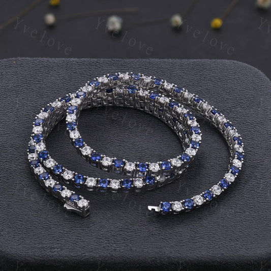 Blue Sapphire Moissanite Necklace,Chain Necklace,925 Silver,Tennis Necklace,Minimalist Necklace,Dainty Necklace,Anniversary Gift for Her