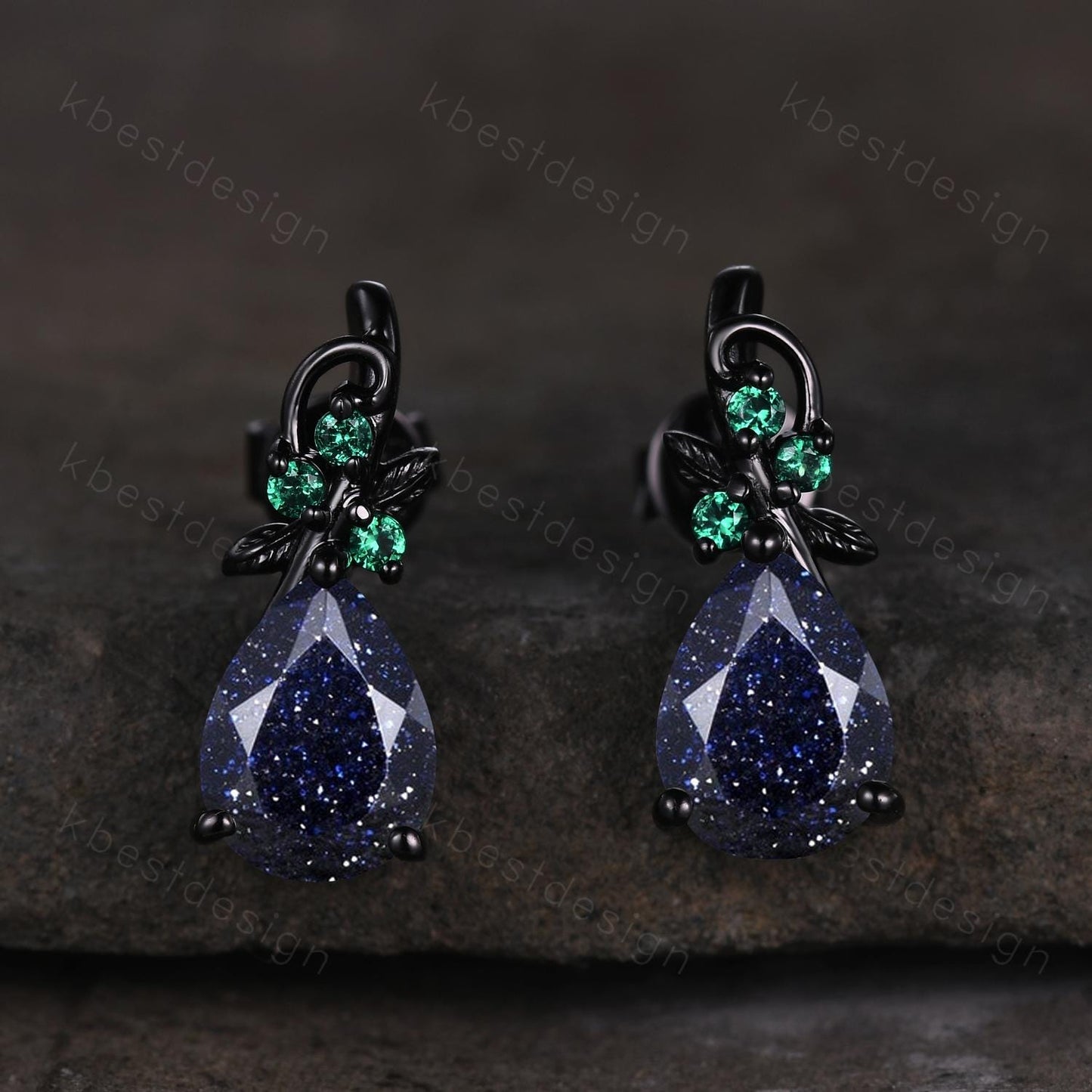 Nature inspired blue sandstone earrings women black gold earring studs teardrop earrings art deco emerald studs anniversary gift for her