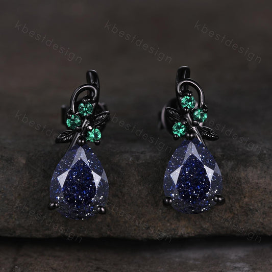 Nature inspired blue sandstone earrings women black gold earring studs teardrop earrings art deco emerald studs anniversary gift for her