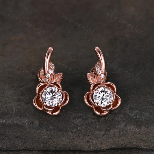 Floral inspired moissanite earrings women rose gold earring studs branch leaf earrings art deco moissanite studs anniversary gift for her