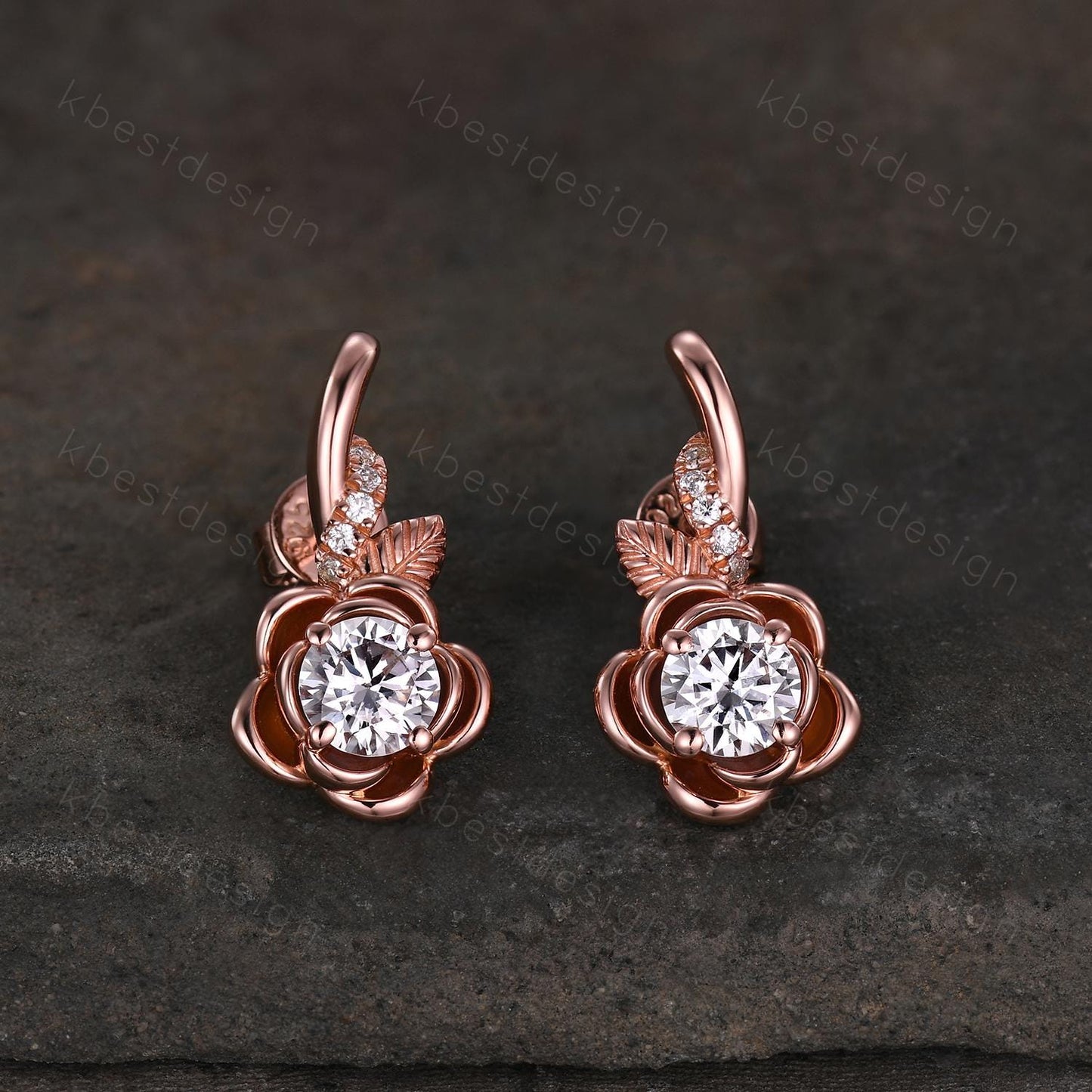 Floral inspired moissanite earrings women rose gold earring studs branch leaf earrings art deco moissanite studs anniversary gift for her
