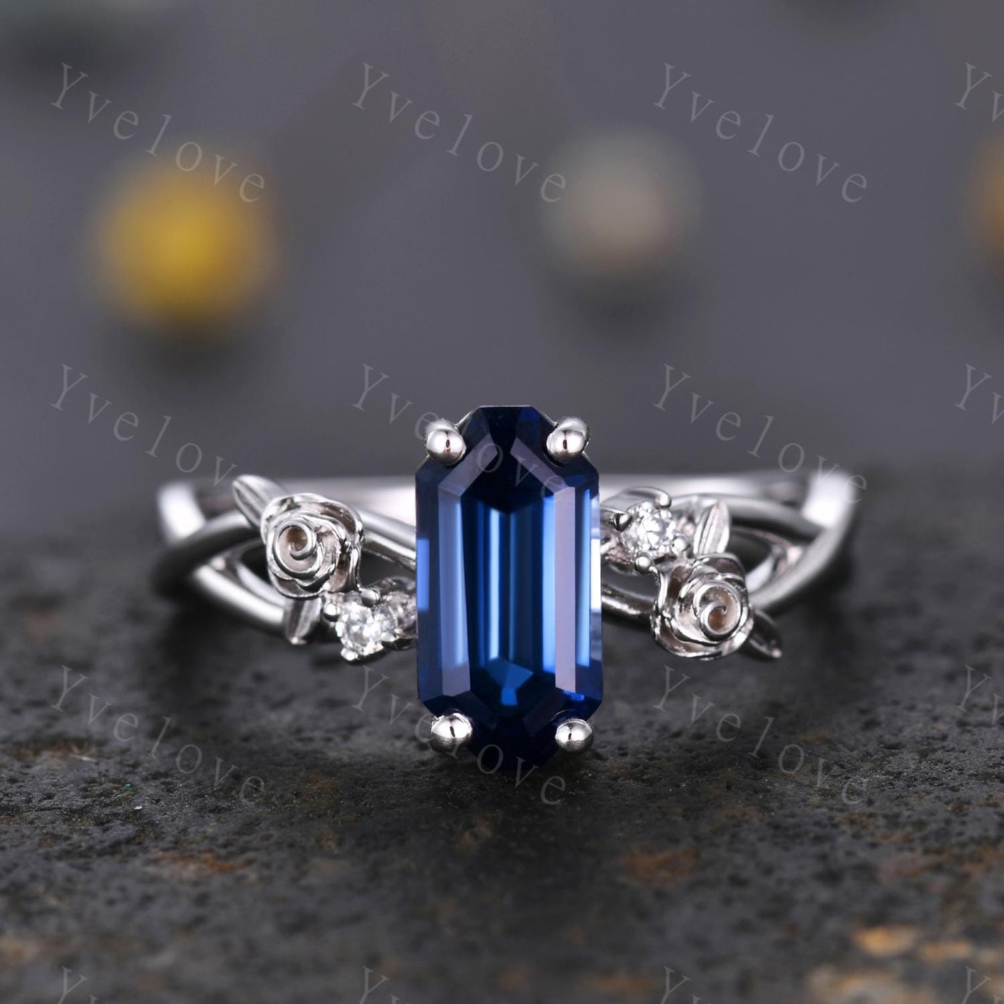 Vintage Blue Sapphire Twig Engagement Ring Set,leaves flower ring,Silver,Curved emerald stacking wedding band,Unique Bridal Promise Gift