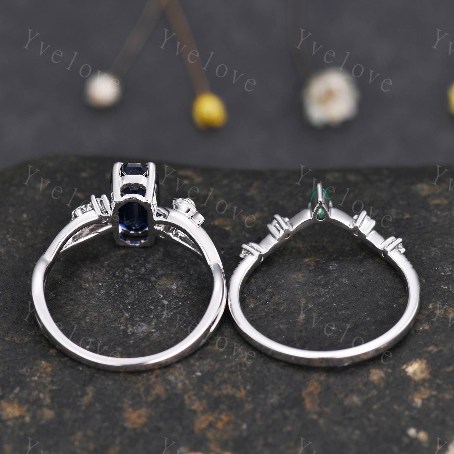 Vintage Blue Sapphire Twig Engagement Ring Set,leaves flower ring,Silver,Curved emerald stacking wedding band,Unique Bridal Promise Gift