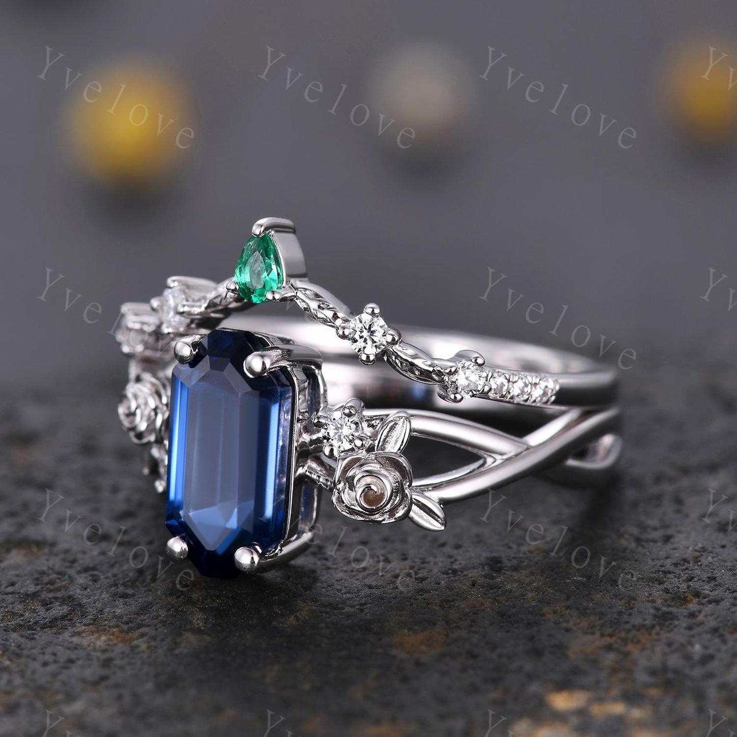 Vintage Blue Sapphire Twig Engagement Ring Set,leaves flower ring,Silver,Curved emerald stacking wedding band,Unique Bridal Promise Gift